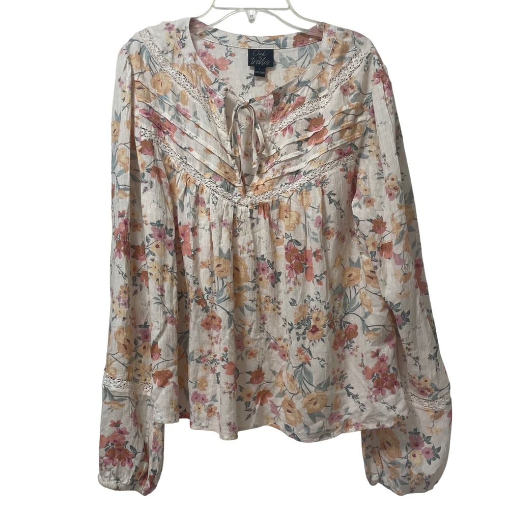 Oak & Trellis Floral Peasant Blouse Cream Pink Lace V-Neck Long Sleeve Large